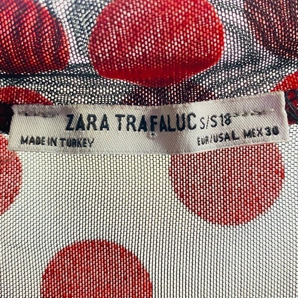 Zara Women’s Sz Large Black Sheer W/ Red Polka Dot Long Sleeve Low VNeck Cut Top - Picture 3 of 5